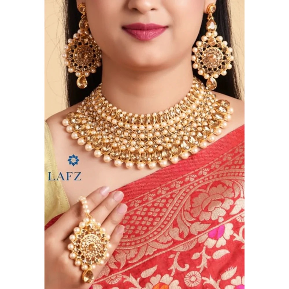 Gold Plated Crystal Stone & Beads Choker Necklace Set